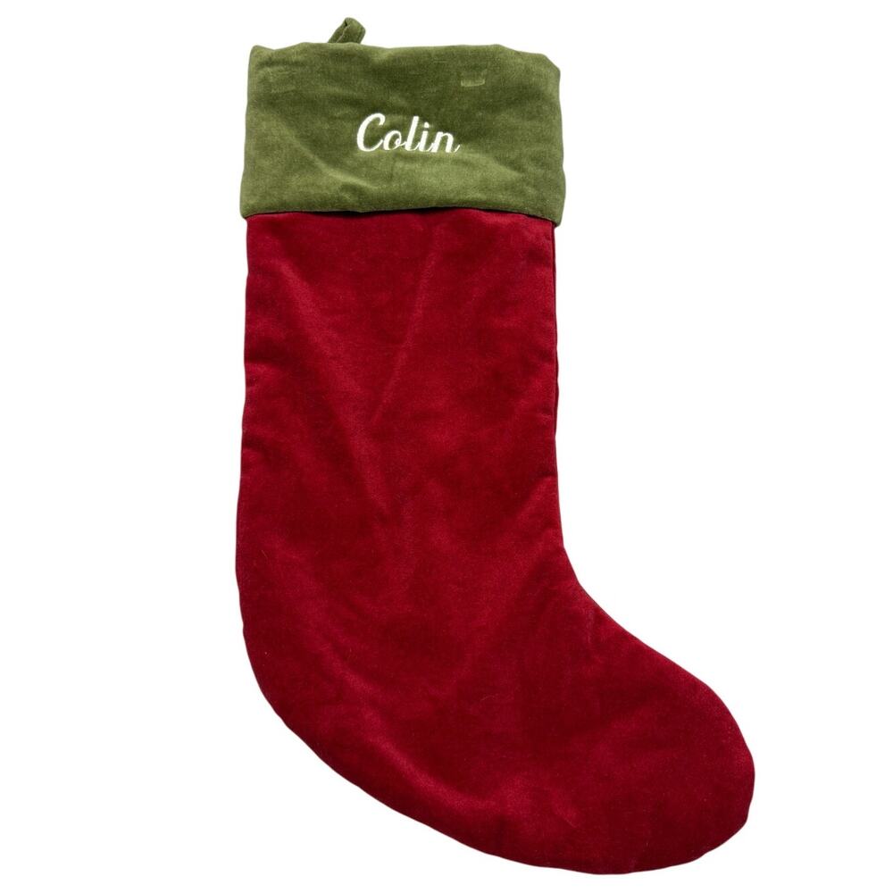 Pottery Barn Red Green Velvet Christmas Stocking "Colin" Mono